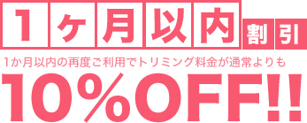 1ヶ月以内割引 1ヶ月以内の再度ご利用でトリミング料金が通常よりも10%OFF！！