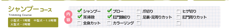 シャンプーコース 小型犬・・・1時間、中型犬・・・1.5時間、大型犬・・・2時間